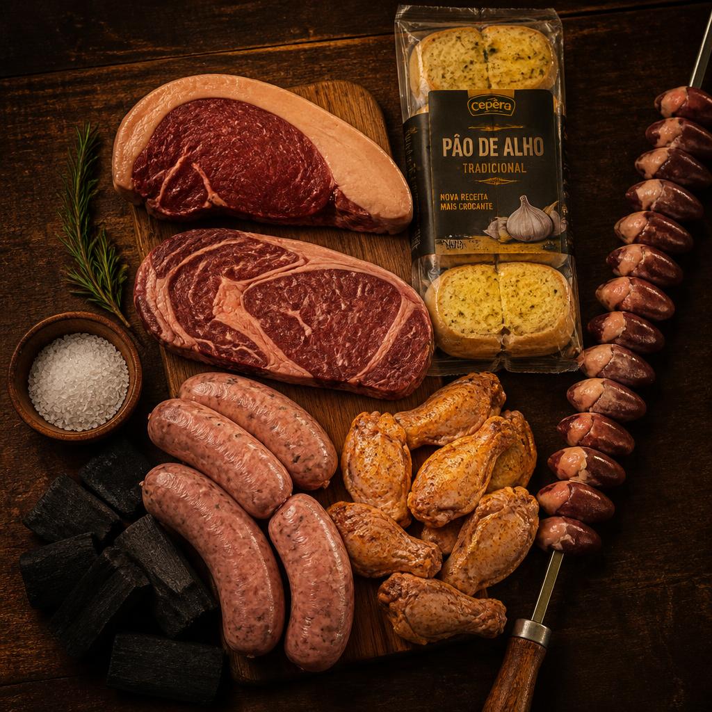 Kit de churrasco com picanha, contra filé, linguiça toscana, frango, coração, pão de alho, sal grosso e carvão